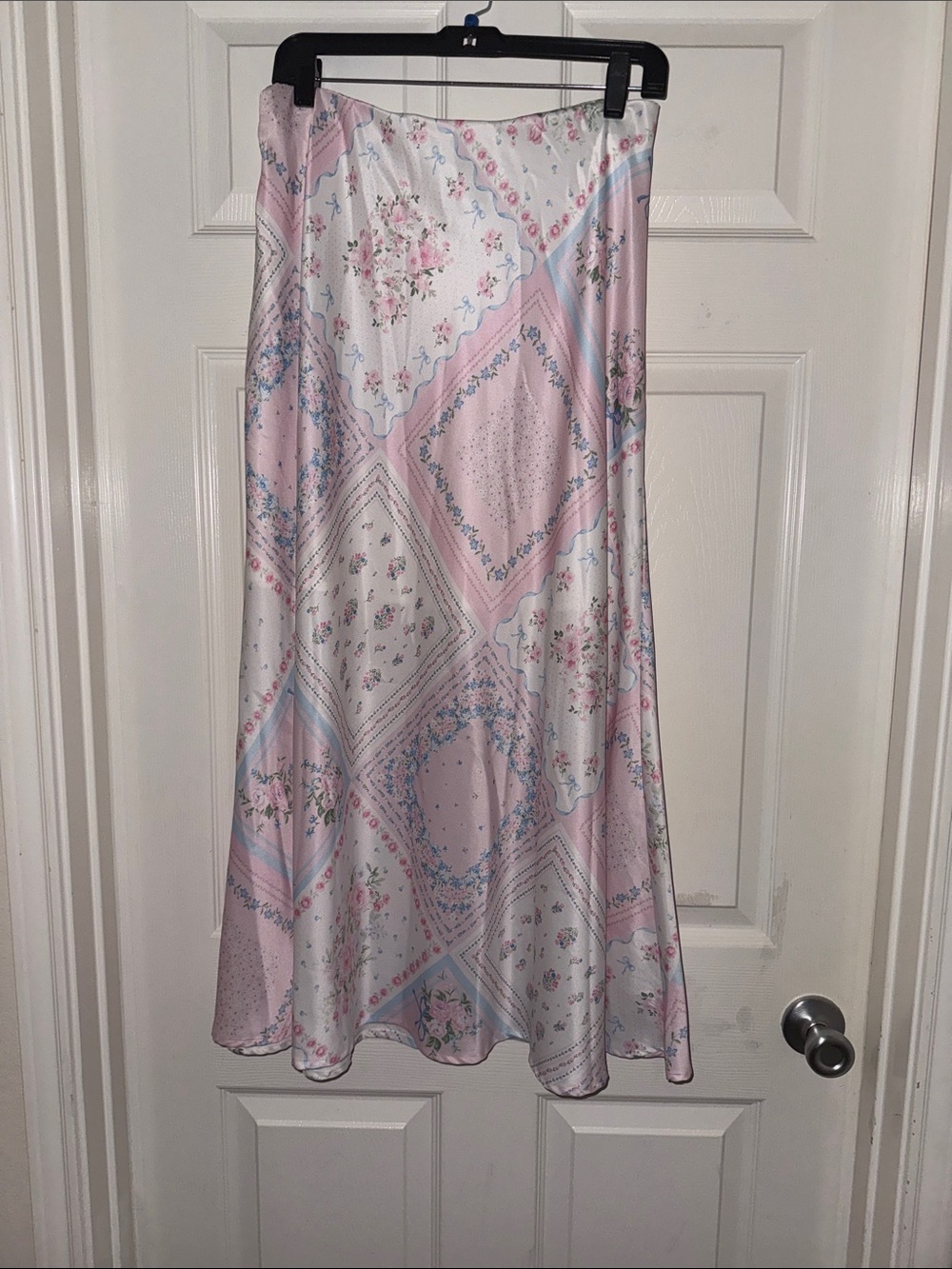 Altar'd State Pink and White Floral Patchwork Satin A-Line Skirt